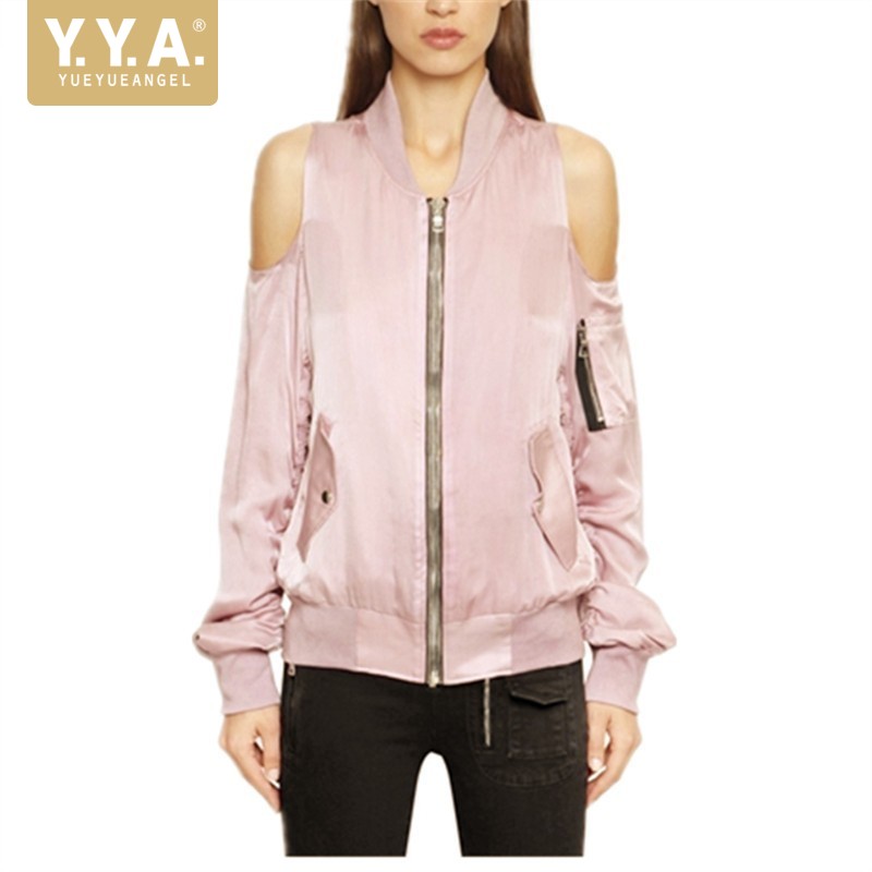 

Fashion Off Shoulder Stand Collar Long Sleeve Bomber Jacket Women Pink Black Loose Fit Zip Casual Thin Section Autumn Jackets