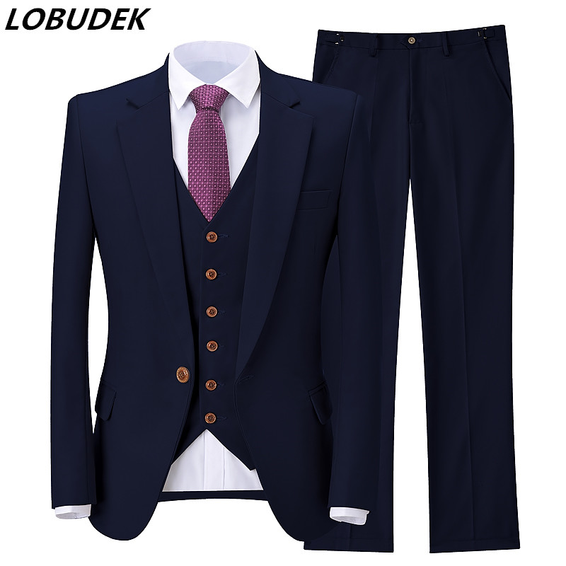 

Solid 3 Piece Wedding Suit Men' Professional Office Business Suit Bridegroom Groomsman Banquet Singer Host (Blazer+Vest+Pants