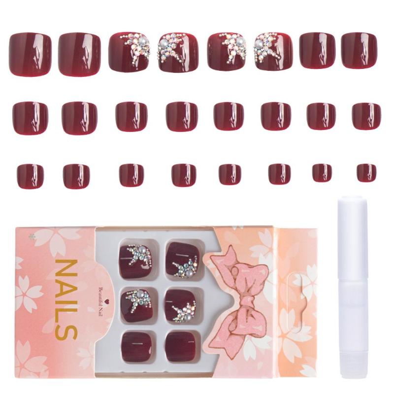 

24 Pcs/Box Full Cover False Toenail Tips Artificial Acrylic Fake Nails Rhinestone Decoration Wine Red False Toenail With Glue, 1 box