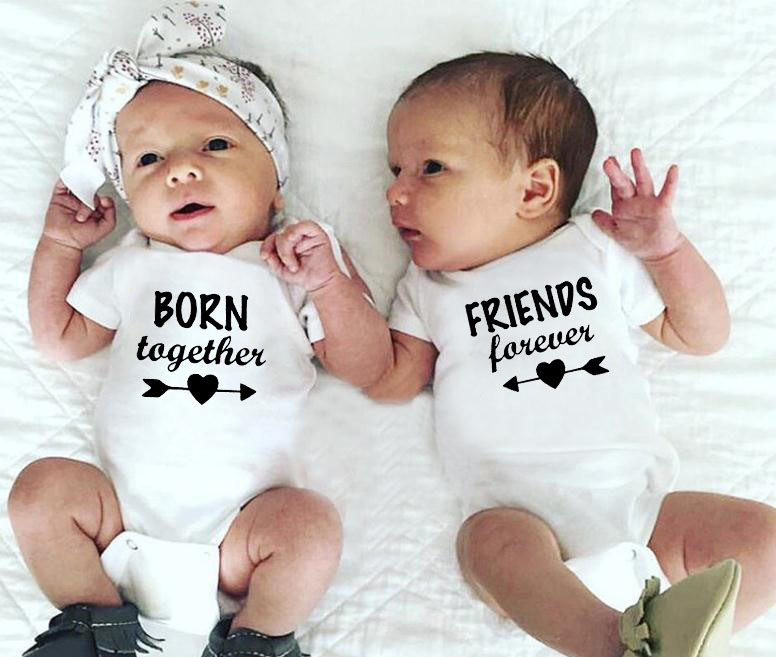 

1 Pc Born Together and Friends Forever Baby Summer Short Sleeves Jumpsuit Twins Baby Bodysuits Toddler Onesie Casual Ropa, Null-srpwh-