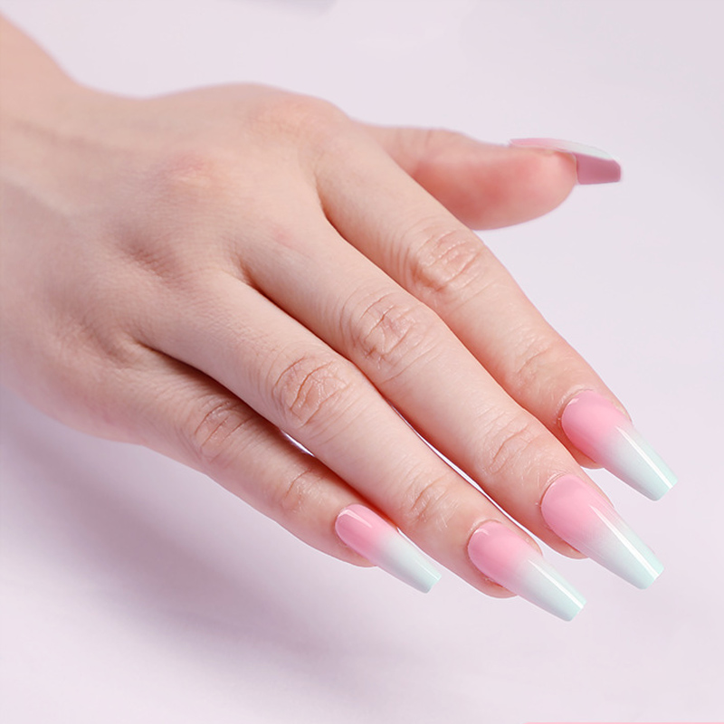 

24pcs Pink Green Color Gradient Long coffin Style Ballet Fake Nails press on Fresh Girl Daily wearable full cover fake nail tips, As show