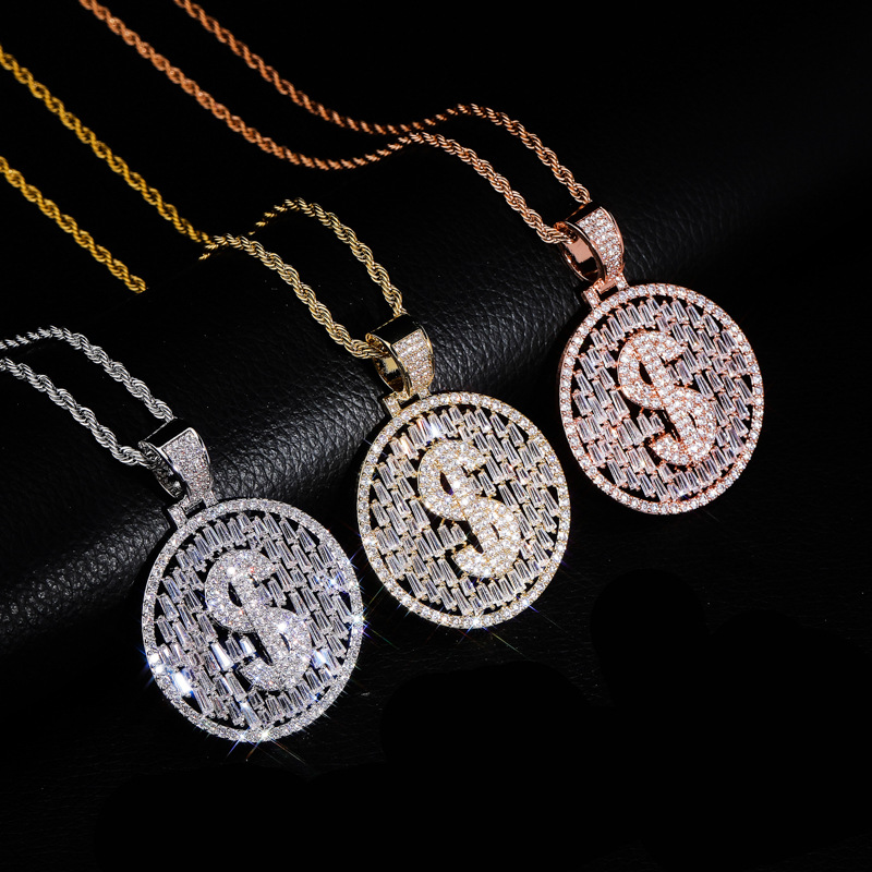 

Hip Hop Micro Paved Cubic Zirconia Bling Iced Out US Dollar Round Pendants Necklace for Men Fashion Jewelry Gifts Rose Gold