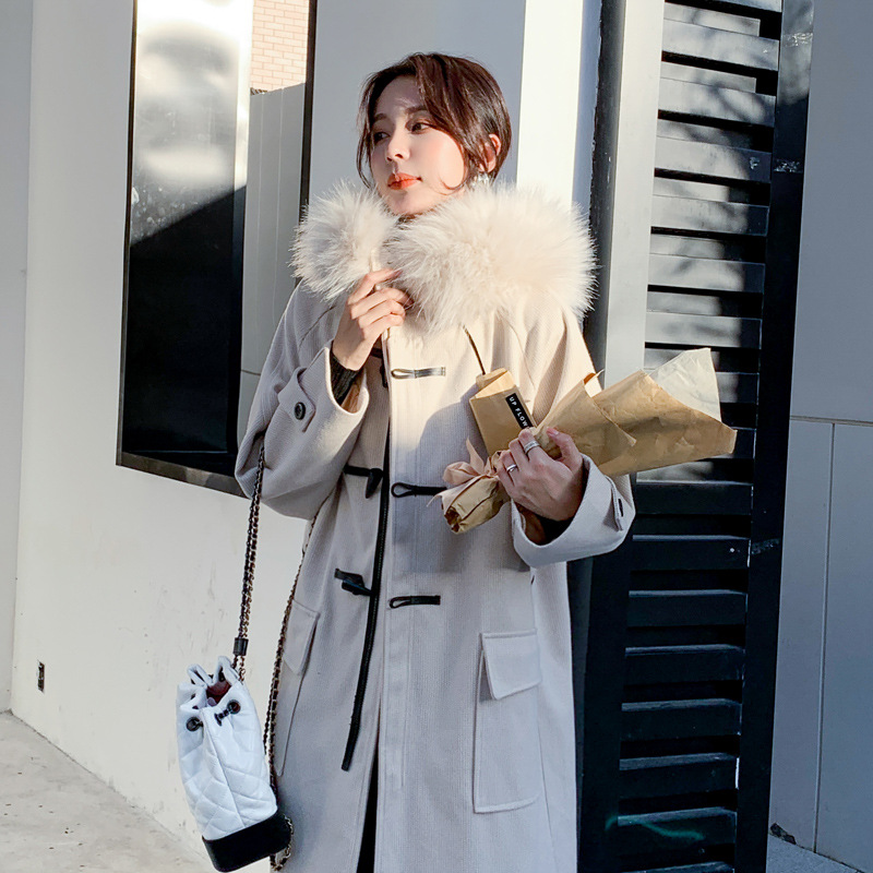 

2020 New Winter Fashion Women Claw Buckle Woolen Coat Female Long Section Outwear Ladies Hooded Overcoat Girls Elegant Jacket, White