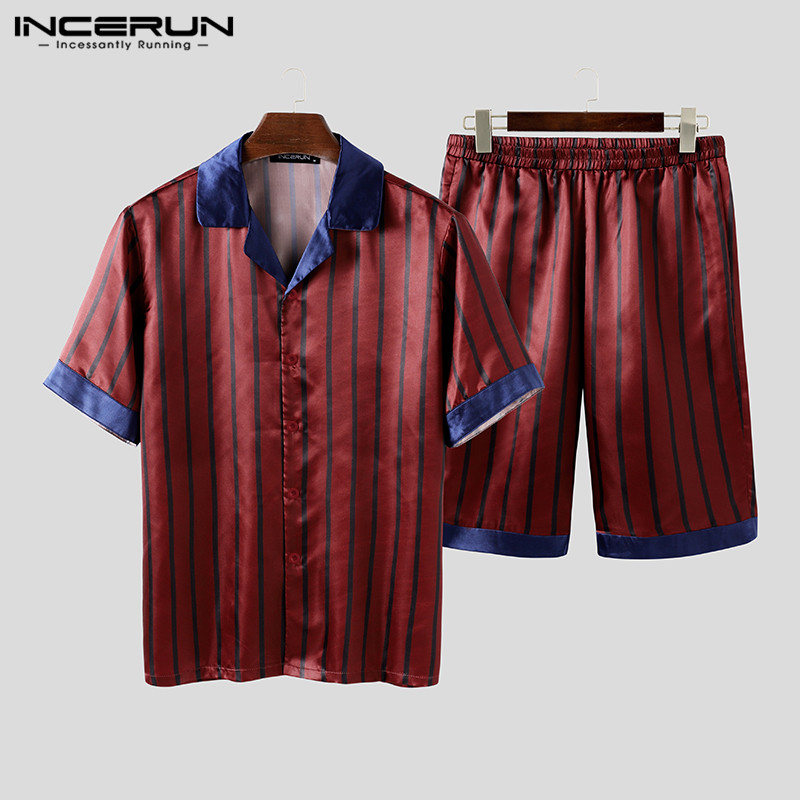 

INCERUN Fashion Striped Men Pajamas Sets Comfortable Lapel Short Sleeve Pyjamas Shorts Loose Mens Sleepwear Sets Homewear 2020, Army green