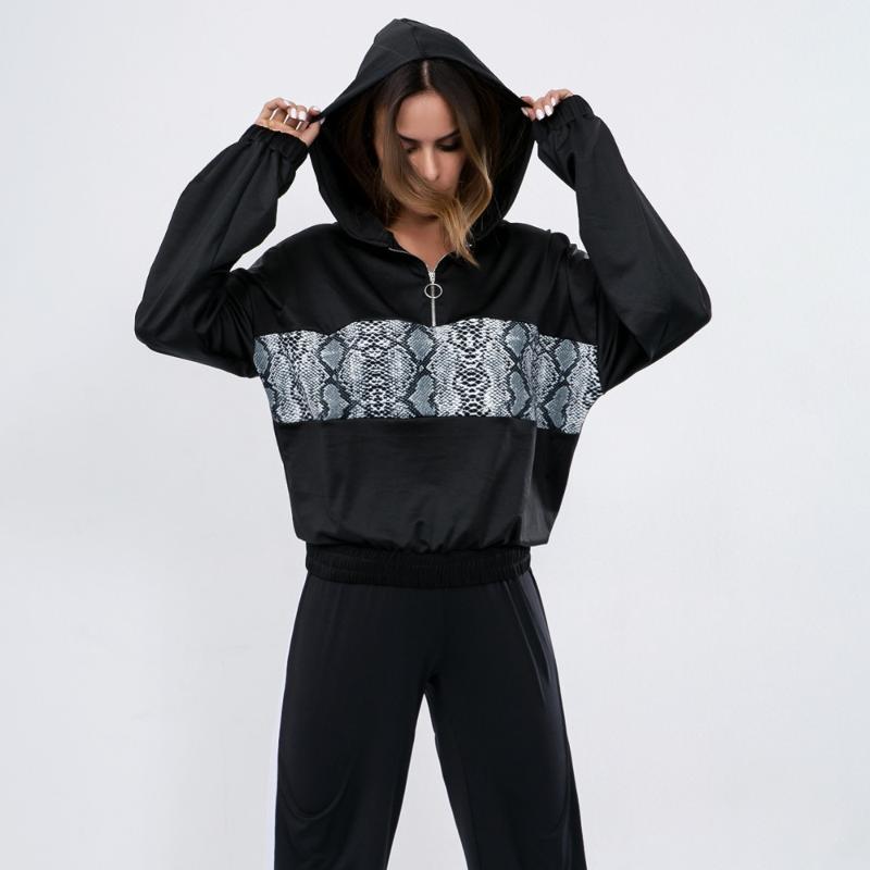 

Running Hoodie Sport Jacket Long Sleeved Shirts Sweatshirt Fitness Women Yoga Sports Gym Clothing Snake Stitching Hooded Sweater, Black