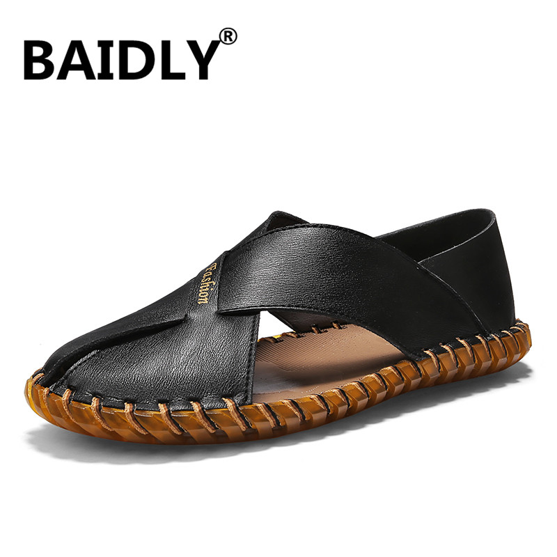 

British Men Fashion Summer Sandals Outdoors Beach Shoes Cow Leather Men Sandals Covers Toe Platform Zapatos Sandales, Beige