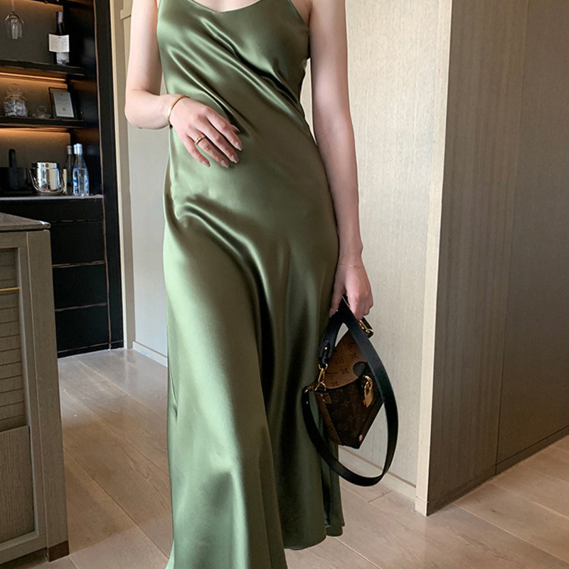 

Sundress High-end satin fishtail triacetate condole sexy dress in silk slip dress in the summer of new easing of French women, Black