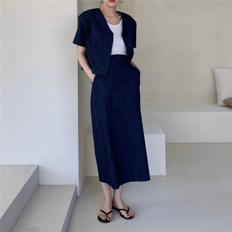 

women summer blue 2 two piece set v neck single breasted short blazer with elastic high waist long skirt woman suit, Blue tops