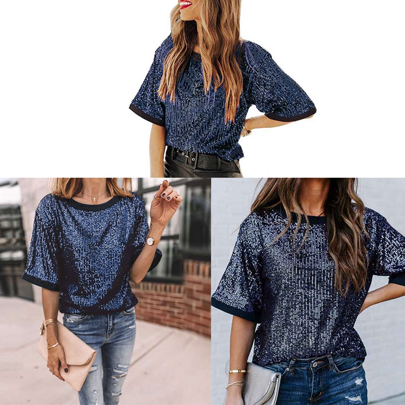 

Summer New Loose Sequins Women T-Shirt Women Short-Sleeved T-Shirt Ladies Casual, As pic