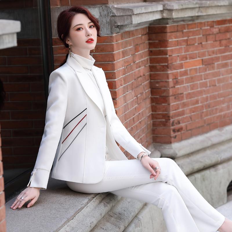

Autumn Polyester 100% Ladies Pants Suits Business Long Sleeve Blazer and Pants Office Wear Jacket & Trouser Suit Two Piece Set, White pants set