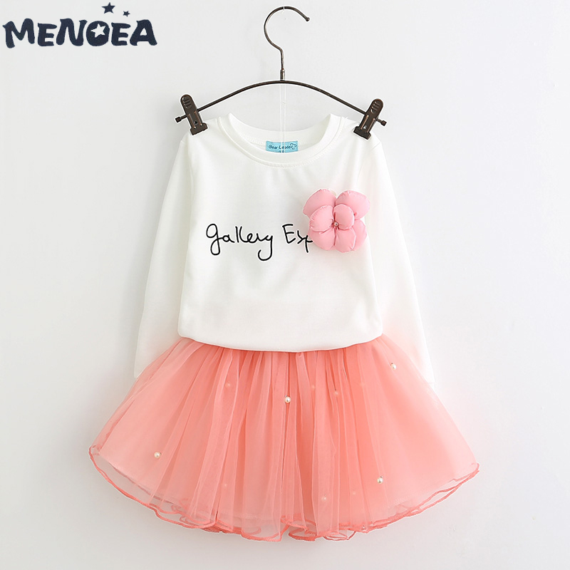 

Menoea Girls Dresses Casual Letter T-shirt Top Ball Gown Dress With Flower Brooch Clothes Set Kids Autumn Children Clothing Sets, Az1544 pink