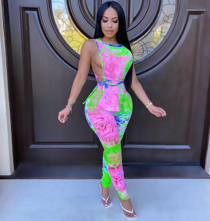 

New printed sleeveless tie T-shirt + pleated pencil pants suit sports treadmill motorcycle top crop leisure two-piece suit, Silver