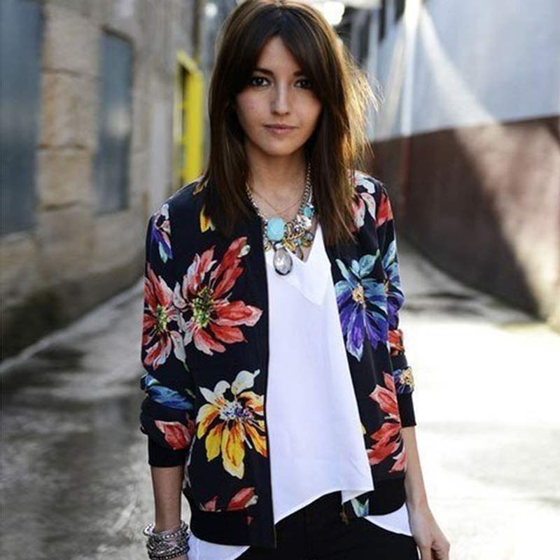 

Trendy Retro Women Flower Print Casual Baseball Sweatshirt Zipper Thin Bomber Jacket Long Sleeves Coat Outwear, Black