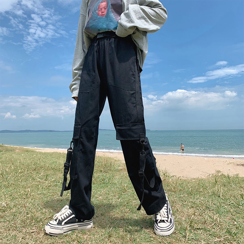 

2020 New Spring and Autumn Fashion Student Hip Hop Belt Pants High Waist Loose Harem Pants Plus Size Casual Cargo Trousers Z67, Black