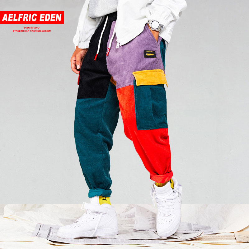 

Men Corduroy Patchwork Pockets Cargo Pants Harem Joggers Harajuku Sweatpants Hip Hop Streetwear Trousers, Multi