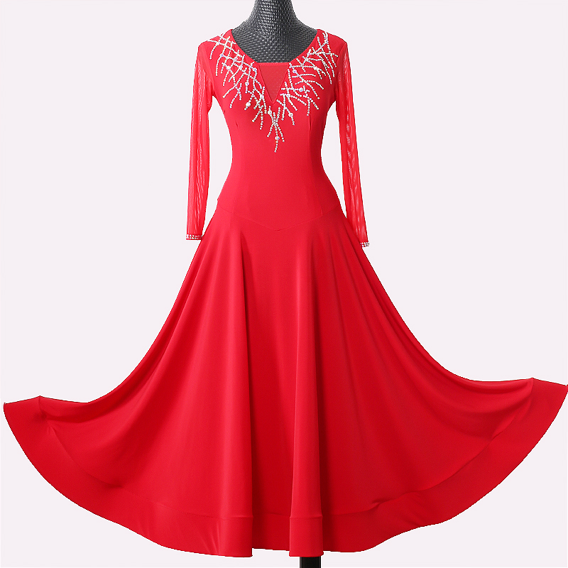 

Red Modern practice dance costumes new ballroom dance dress Big swing waltz performance competition dress for women