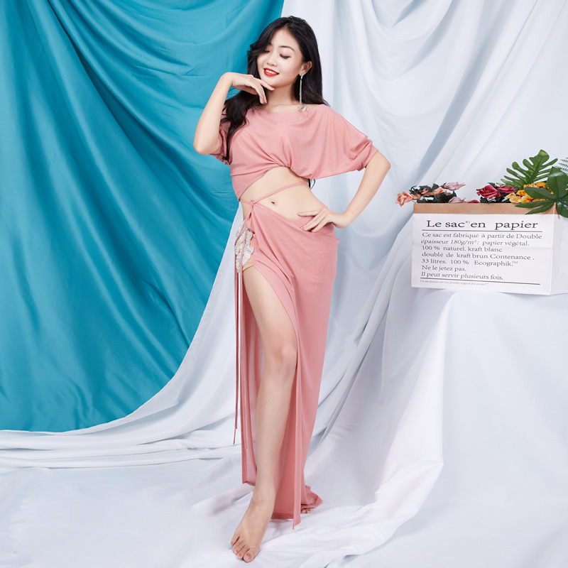 

Sexy Sequin Oriental Belly Dance Costume Summer Crop Top T Shirt Split Mesh Skirt for Women Dancing Clothes Dance Clothing Wear, Light blue set