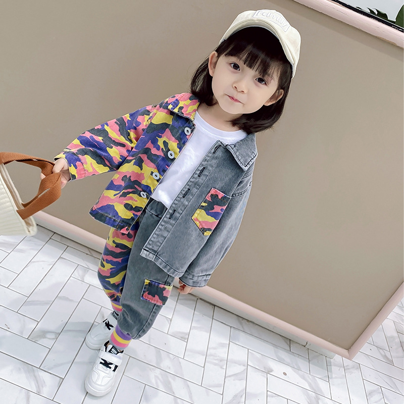 

kids baby girl boy autumn full sleeve patchwork leopard tops coat jacket denim outwear long pants toddler clothes sets 2pcs 1-7Y, White
