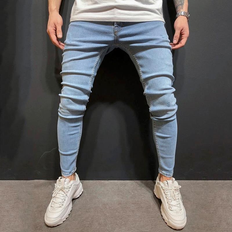 

New Fashion Streetwear Jeans for Men Hip Hop Style Destroyed Ripped Design Pencil Pants Ankle Skinny Men Full Length Jeans, Blue