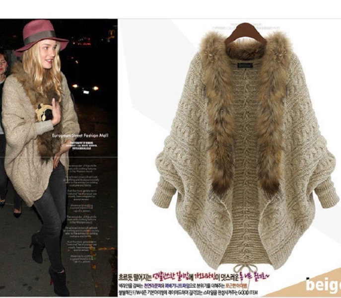 

Wholesale Autumn Winter thick Womens fashion Sweater Shawls Big Wraps Bat Sleeve Knit Cardigan Fur Shawl Collar wool warm Poncho Cape Coat, Black-2