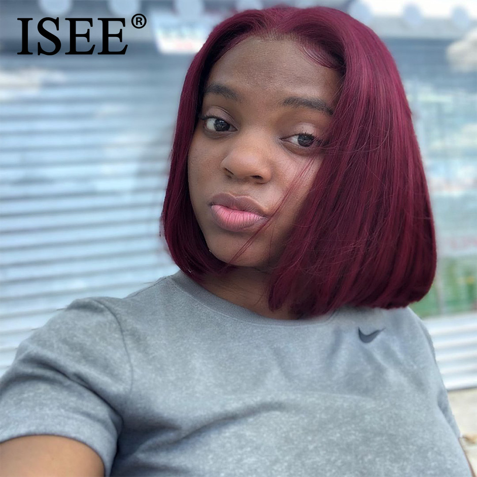 

ISEE 99j Malaysian Straight Lace Front Wig Remy 150% Density Short Lace Front Human Hair Wigs 99J Straight Bob Wigs For Women, Burgundy