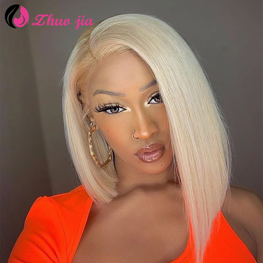 

ZHUO JIA 613 Blonde Lace front Human Hair Wigs Brazilian Short Bob 13x4 Transparent Lace Front Wigs Blonde Straight Hair Wigs, Natural color