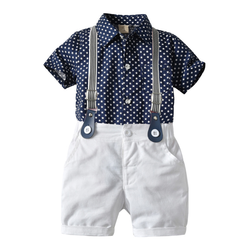

Toddler Boy Clothes Set Navy Stars Shirt Tops + White Shorts with Belt Fashion Clothing Set for Baby Boy Short Suit, Kb8055