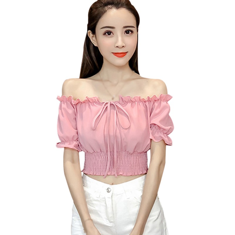 

X Sexy Off-shoulder T-Shirt Summer Korean Fashion Slash Neck Short sleeve Wild Casual Ladies Tops, Pink
