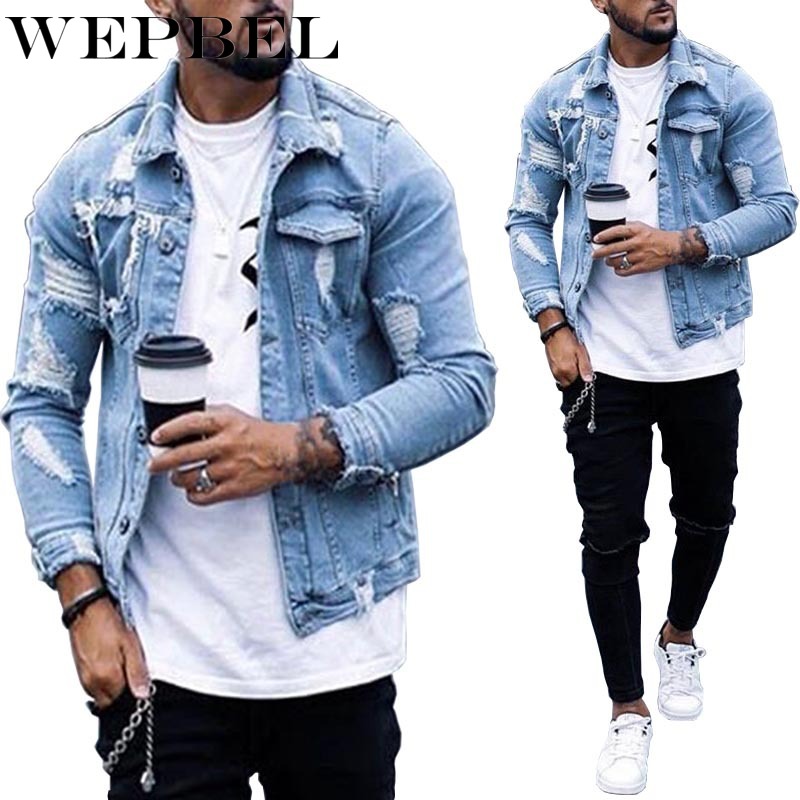 

WEPBEL Men New Fashion Holes Light Blue Denim Jeans Short Jacket Casual Long Sleeve Punk Style Coat with Pockets Plus Size