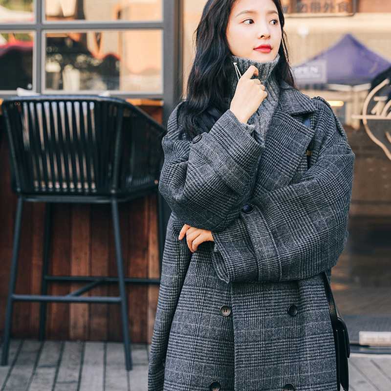 

Wool Blends Women Loose Ankle-length New Arrivals Plaid Womens Korean Style Students Vintage Outwear Double Breasted Temperament, Dark grey