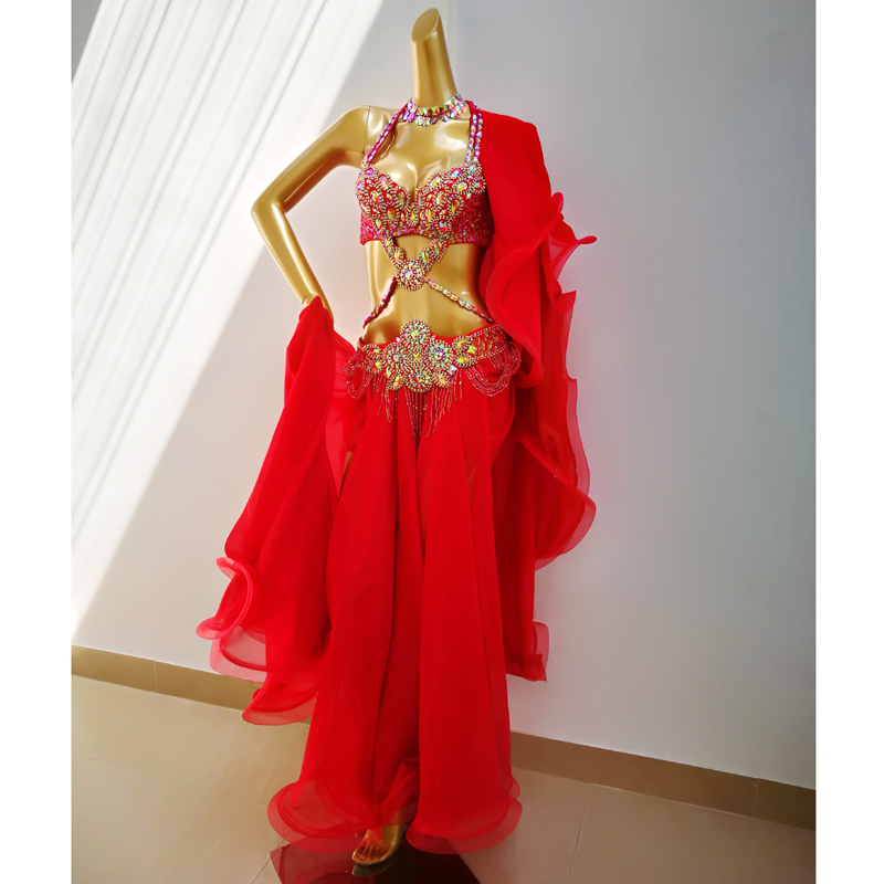 

Top quality New women belly dance costume set showgirl belly dancing clothes halloween bellydance bra&belt&skirt 4pcs suit, Red