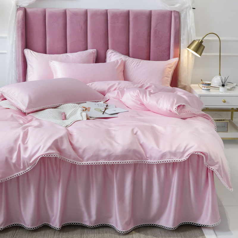 

Double-sided ice silk washed silk lace solid color bed skirt four-piece bed sheet quilt cover sheet, Style 05