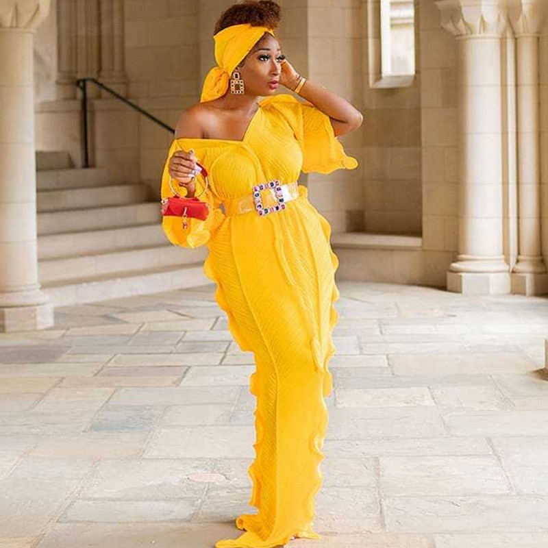

African Dresses For Women 2020 New Autumn Summer Elegent Style African Dress V-neck Plus Size Long Maxi Dress And Headscarf