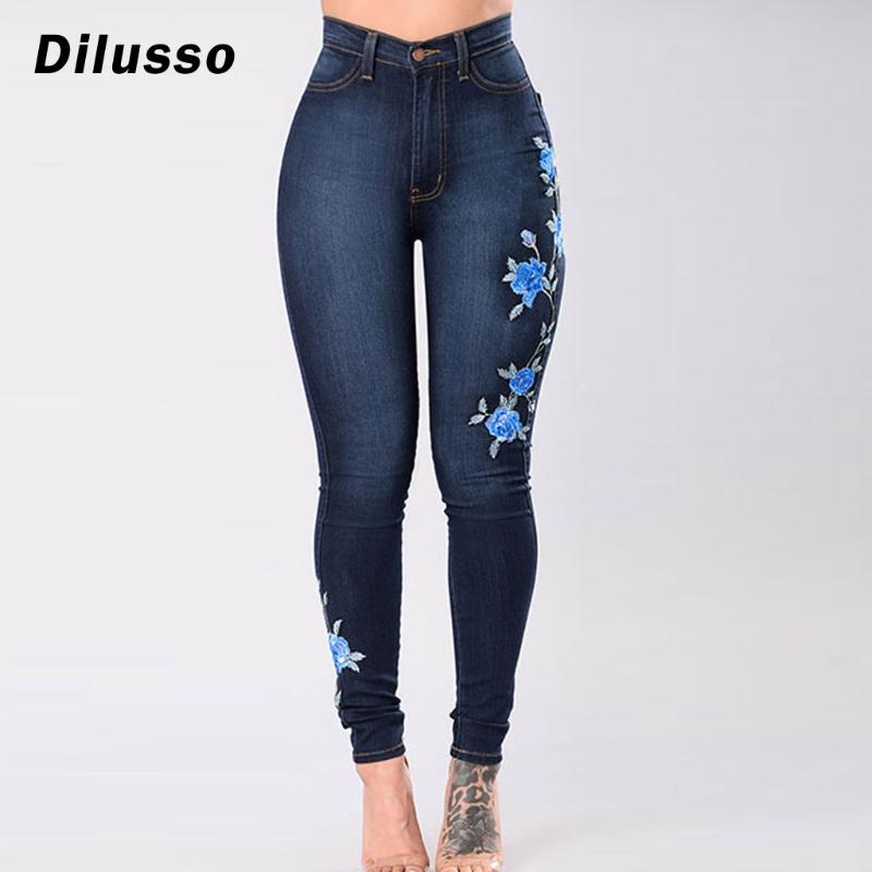 

Ladies Embroidered High Elasticity Jeans Straight Barrel Tight Legs Jean Pencli Long 2020 New Jeans#D3, Blue