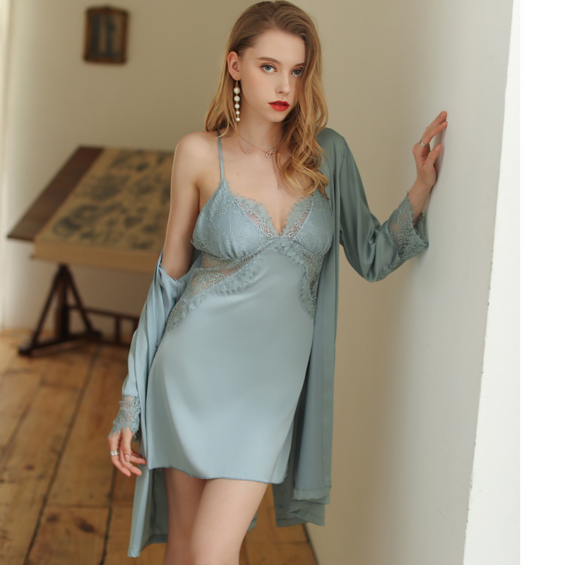 

Summer Sexy hollow out Perspective Sling Sleeping two-piece Robes Nightgown Sets Summer Silk Lace Sleepwear Women's Robe Suits, Burgundy 1pcs