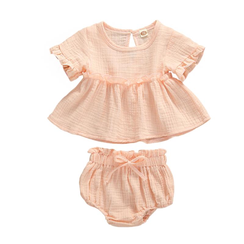 

0-24M Baby Girls Boys Clothes Sets Newborn Infant Solid Ruffles Short Sleeve T Shirts Tops+Shorts 2pcs Outfit Set, As picture