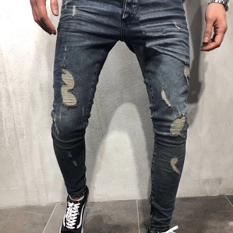 

Pencil Skinny Ripped Destroyed Jeans Men Stretch Slim Fit Hip Hop Holes Fashion Male High Quality Pants Hot, As pic