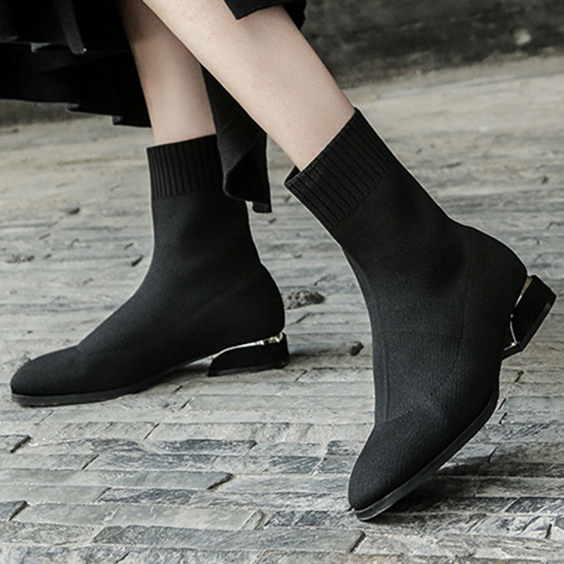 

New square toe low heel retro boots short sock boots thick heel stretch black knitted mid-tube women large 34-43