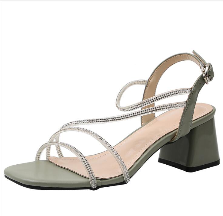 

Large Size Women's Shoes High-heeled Shoes New Rhinestone Word Belt Women's Sandals with Thick Heels 2020 Summer Gladiator, Beige