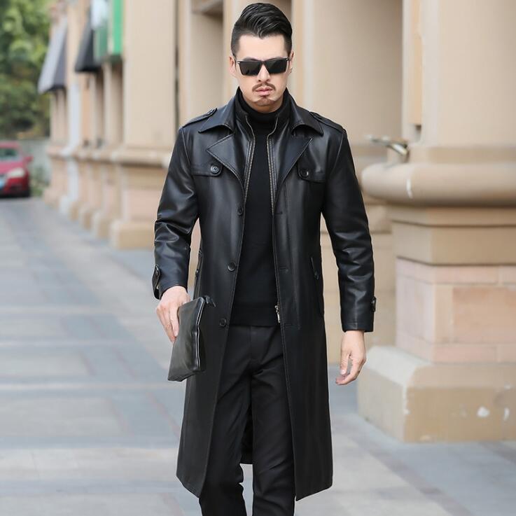 

Single-breasted leather coats men long coat mens leather trench coats thicken Plus velvet black autumn winter fashion M - 4XL pc163