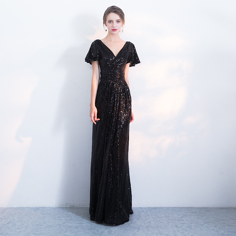 

Elegant Sequined Long Mermaid Prom Dress Women Sexy Butterfly Sleeve Evening Party Dress Gown V-Neck Zippers Banquest Dresses