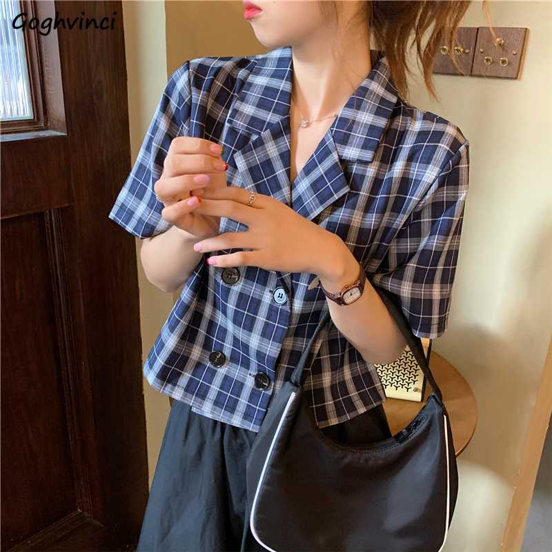 

Blouses Shirts Women Plaid Crop Top Vintage Korean Style Sweet Notched Ins Fashion Slender Leisure Chic All-match Summer Loose, Blue