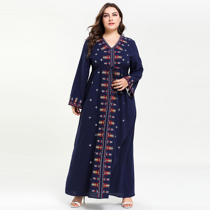 

2020 Women Muslim Dress Embroidery V neck kaftan moroccan Abaya Plus size Islamic Dress Flare Sleeve Dark Blue M-4XL