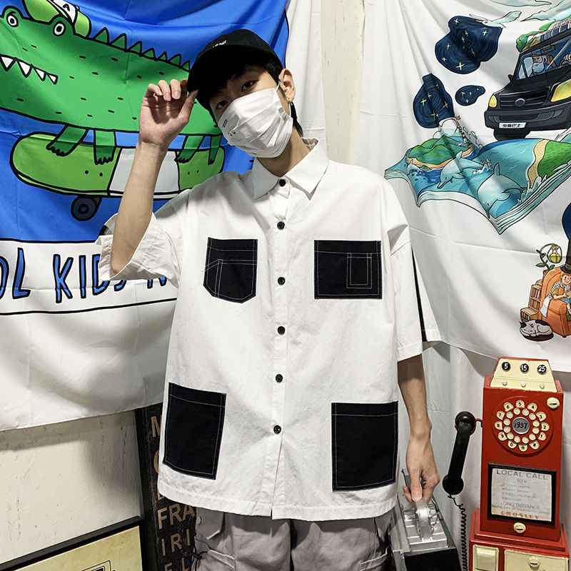 

Summer Men' Style Patchwork Loose Shirts Short-sleeved Hawaiian Shirt French Cuff Camisa Masculina Fashion Shirts, Black