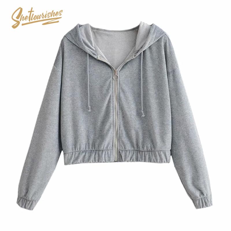 

Sheflourishes Zipper Sweatshirt Coat Womens Cropped Top Gray Long Sleeve Velvet Moletom Mujer Sportswear Hoodie Jacket 2020 Fall