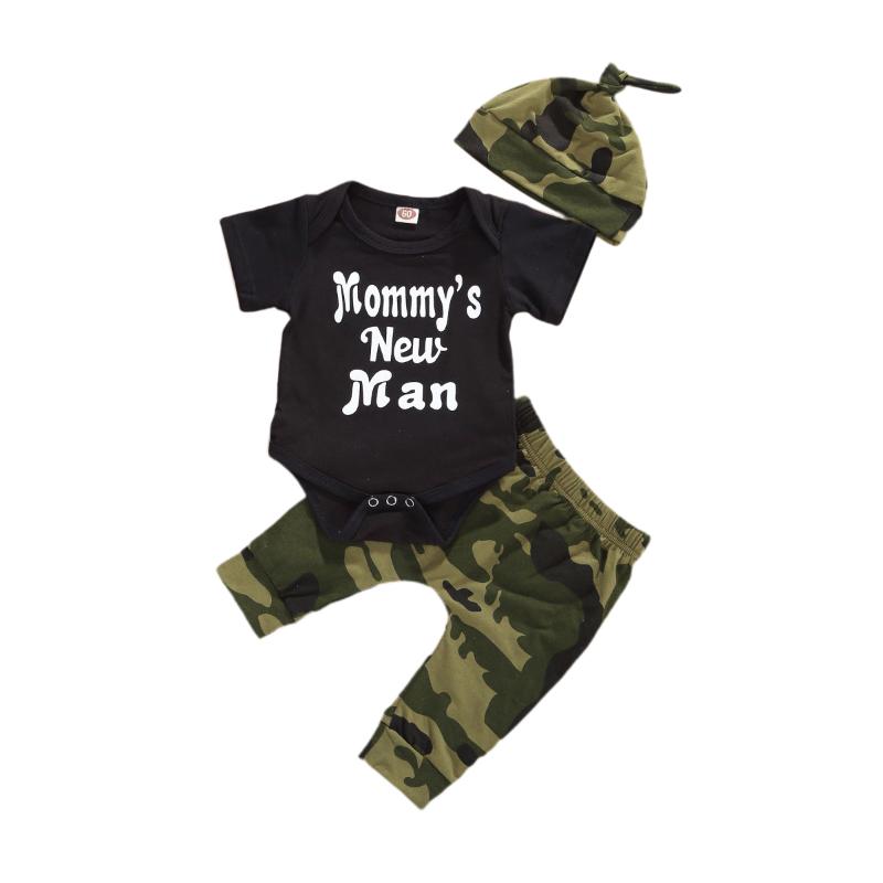 

0-12M Toddler Baby Boy Summer Outfits Clothes Casual Letter Bodysuit+Camo Pants+Hat 3Pcs Newborn Baby Boy Cotton Sets, Black