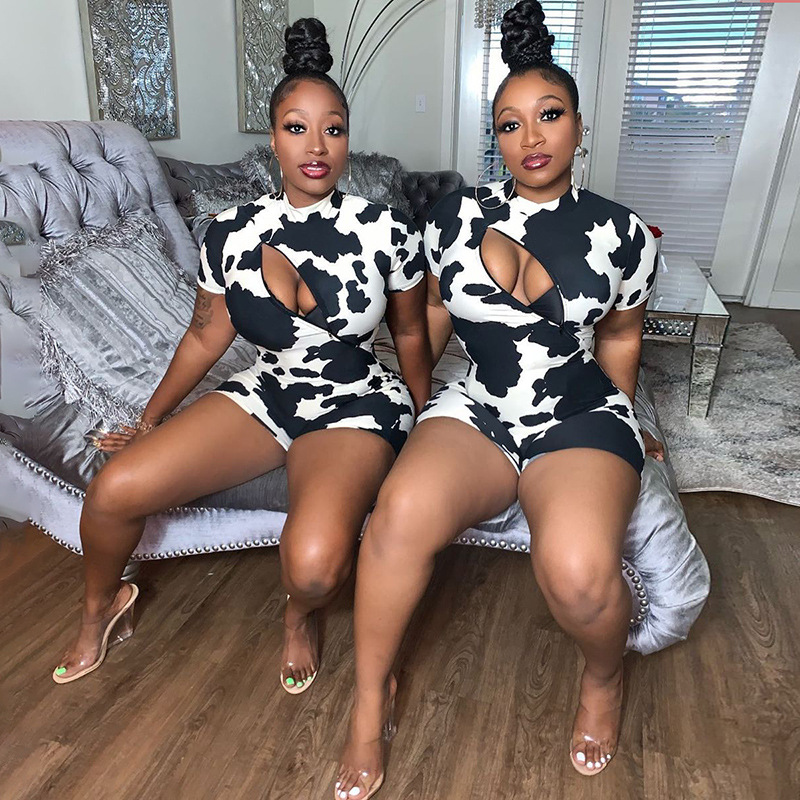 

Sexy Hollow Out Breast Zipper Romper Milk Cow Print Playsuit 2020 Summer Women Streetwear Short Sleeve Sportswear Outfits, Black