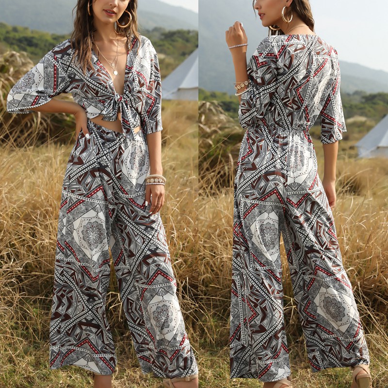 

Cut Out Wide Leg Jumpsuit for Women Elegant Ladies Vintage Tie Knot Front One Piece Jumpsuits, As pic