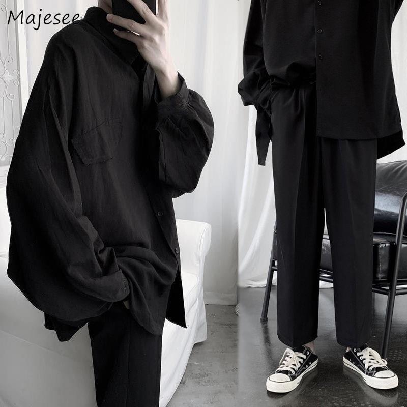 

Men Sets Black Long-sleeve Single Breasted Spring Korean Fashion Leisure Chic Mens Set Solid Loose Teens Harajuku Ins Bf Ulzzang, 952 shirts