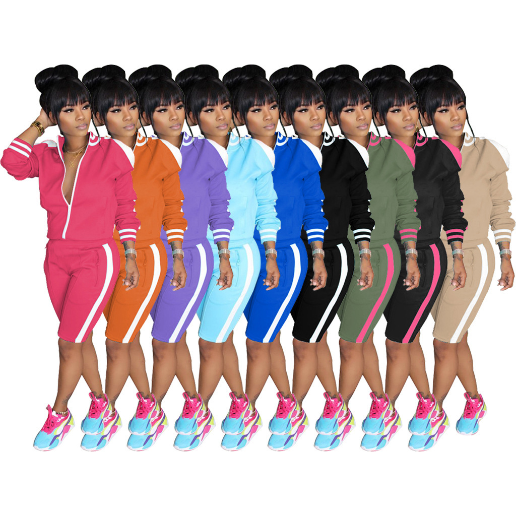 

summer Women Two Piece pants Outfits Designer Zip Top Shorts Jogging Set Club Casual Long Sleeve Tight Sports Suit, Orange